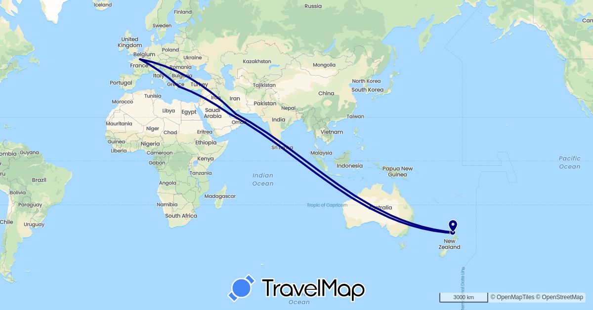 TravelMap itinerary: driving in United Arab Emirates, France, Greece, New Zealand, Qatar (Asia, Europe, Oceania)
